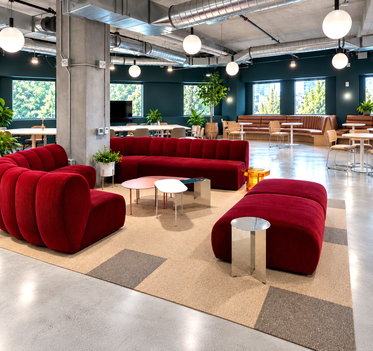 A lounge with deep teal walls and curved burgundy seating in a San Francisco office designed by McArthur Design Studio